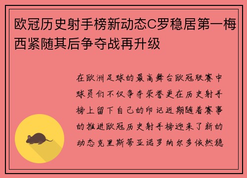 欧冠历史射手榜新动态C罗稳居第一梅西紧随其后争夺战再升级