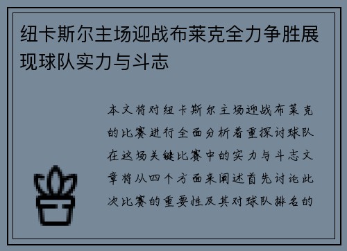 纽卡斯尔主场迎战布莱克全力争胜展现球队实力与斗志